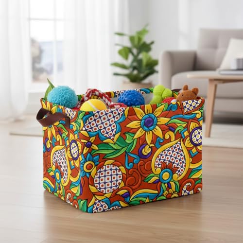 Mexican Talavera Storage Basket Waterproof Canvas Toy Storage Bin Mexican Decor Collapsible Outdoor Basket with Leather Handles Talavera Decor Blanket Baskets For Closets,Bedrooms,Gifts Baskets - color: Mexican Talavera