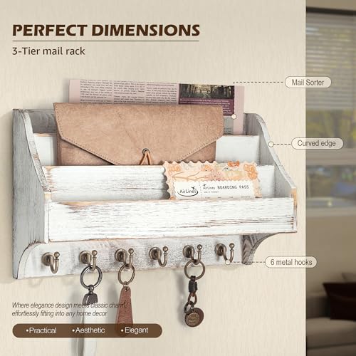 Rebee Vision Pine Wood Key Holder Wall Mount - Farmhouse 3-Tire Mail Holder for Wall with 6 Key Hooks for Home Decor- Multifunctional File Organizer for Entreyway, Living Room (Whitewash) - color: Whitewash