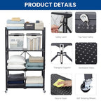 4 Tier Foldable Storage Shelf with Wheels, Collapsible Metal Rack Shelving Unit, No Assembly Required, Rolling Cart Shelf Rack Organizer for Books, Garage, Kitchen, Closet, Pantry, Exhibition, Black - size: 4-Tier