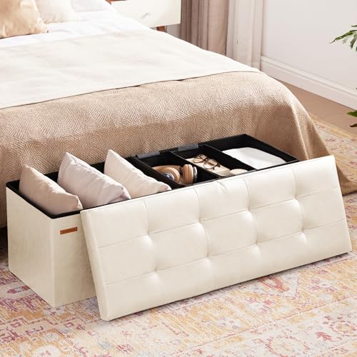 HAUSFRAU Storage Ottoman Bench with Flipping Lid, 43.3 Inches Storage Chest Footsrest, Folding Foot Stool for Entryway, Living Room, Bedroom, Synthetic Leather Ivory - color: Ivory, size: 15"D x 43.5"W x 15"H