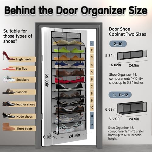 Kotkn Over The Door Shoe Organizer with 12 Large Breathable Pockets - Durable Hanging Storage for the Entire Family's Shoes (Gray) - color: Gray