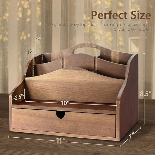 Rebee Vision Acacia Wood Mail Organizer for Desk – Farmhouse Countertop Mail Holder with Drawer for Office Accessories –Rustic Desktop Organizer for Home Decor (Acacia Wood) - color: B-acacia Wood