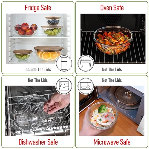 Set of 5 Nesting Glass Bowls with New Updated Acacia Lids for Foodprep, Storage, Mixing & Cooking - Microwave & Oven-ready BPA Free Durable Heat Resistant Inert Borosilicate Glass - color: 5 Mixing Bowls with Acacia Lids