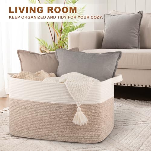 Extra Large Laundry Basket, 95L Blanket Basket for Living Room, Cotton Rope Toy Storage for Kids, Woven Baskets for Clothes, Towels, Pillows, 24" x 17" x 14", Brown and White - color: Brown & White, size: 24"x16.9"x14.2"