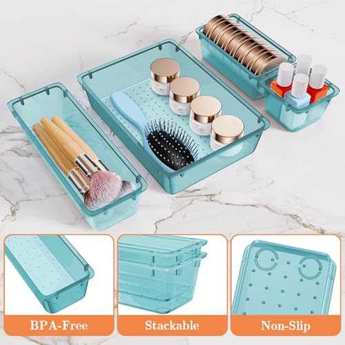 SpaceHacks 25 PCS Plastic Drawer Organizer Set, 4-Size Versatile Organizer Trays & Storage Bins for Makeup, Jewelry, and Gadgets in Bathroom, Bedroom and Office, Sea Blue - color: Sea Blue