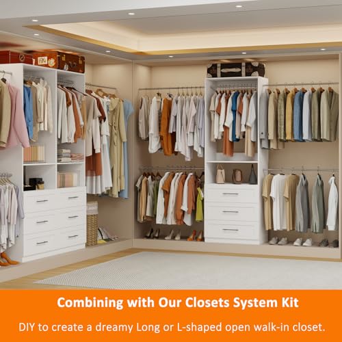 5–9FT Closet System with 3 Wood Drawers, Closet Organizer System with 5 Expandable Hanging Rods, Walk-in Closet System with Shelves, Wall Mounted Built-in Closet Organization System