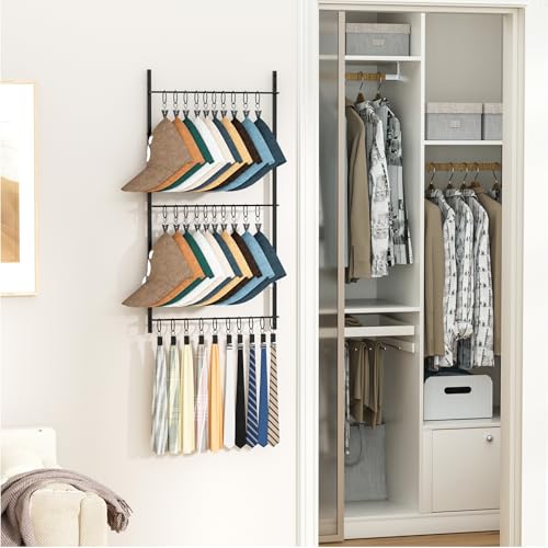HapiRm Over Door Hat Rack - 3 Tier Wall Mounted Hat Organizer with 30 Movable Clips, Baseball Cap Organizer Storage Holds up to 30 Caps for Door, Bedroom, Closet - color: Clips Black, size: 3 Tier