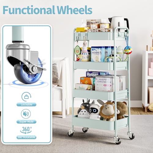 TOOLF 4-Tier Rolling Cart - Metal Storage Organizer with Lockable Wheels, 44 lbs Per Shelf Capacity, Tool-Free Assembly, for Kitchen Bathroom Office Laundry Room Nursery, Green - color: Green, size: 4-Tier