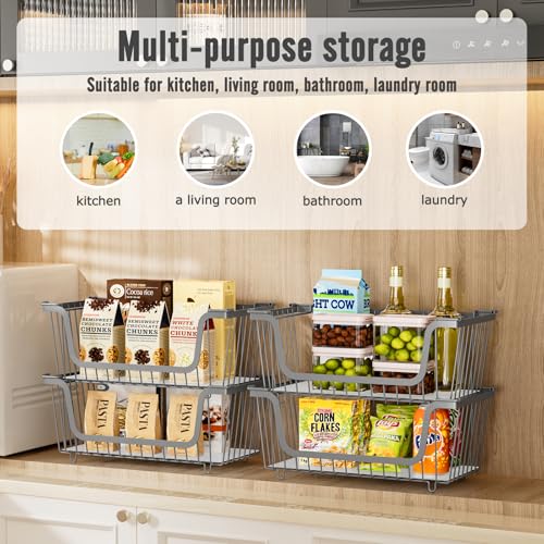 GAOKASE 4 Pcs Stackable Wire Baskets for Pantry Organizers and Storage,Vegetable Fruit Basket for Countertop,Kitchen Storage Metal Baskets,Produce Potato Onion Storage Bin,Gray - color: 1-Gray
