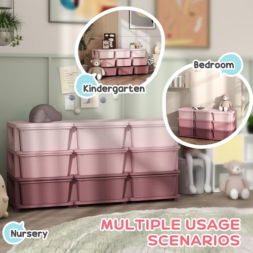 Qaba 3 Tier Kids Storage Unit, Toy Organizers and Storage with 9 Drawer Chest for Kids Bedroom Nursery Kindergarten Living Room for Boys Girls Toddlers, Pink - color: Pink, size: 44.5" x 14.5" x 22.25"