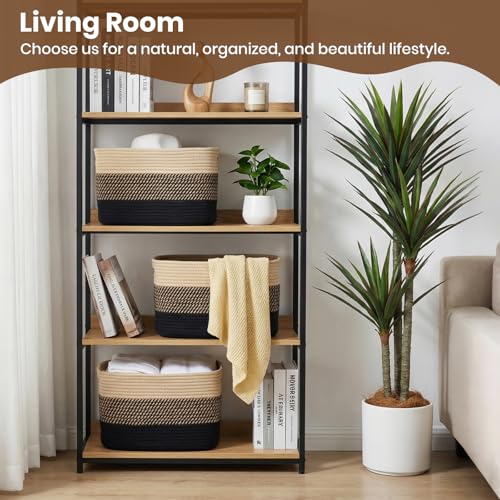 Storage Baskets for Organizing, 14 x 10 x 9” Closet Shelf Woven Baskets, Square Bins with Handles, Cotton Rope Basket for Toys, Clothes, Office, Room, Black+Brown 3 Pack - color: Black+Brown, size: 3pcs