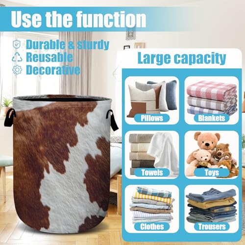 Brown Cow Skin Laundry Basket, Laundry Hamper Collapsible Oxford Cloth with Handle Clothes Toy Storage Bin for Bathroom Laundry Room Bedroom 15.7 X 20 Inch - color: Brown Cow Skin