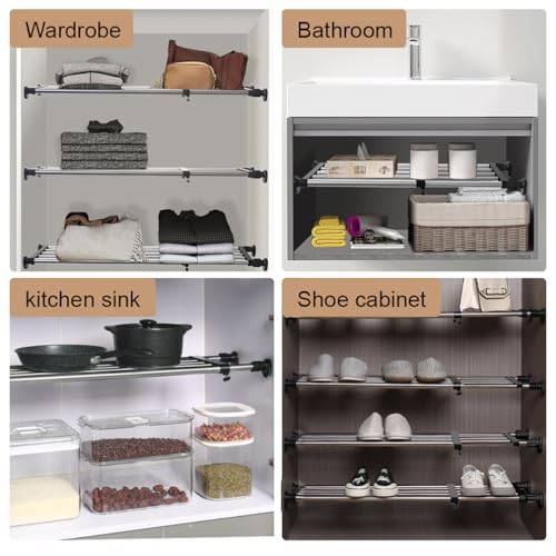 Hershii Expandable Closet Tension Shelf Rod Adjustable Metal Storage Rack Cabinet Organizer DIY Divider Separator Shelves for Wardrobe Cupboard Kitchen Bathroom, Black, 19.69-31.5inches - color: Black, size: 19.68 - 31.49 inches