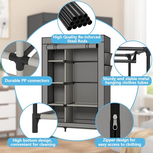 Calmootey Portable Closet Organizers, Clothing Storage, Wardrobe with 6 Shelves and Hanging Rod, Non-Woven Fabric Cover with 4 Side Pockets, Grey - color: Grey