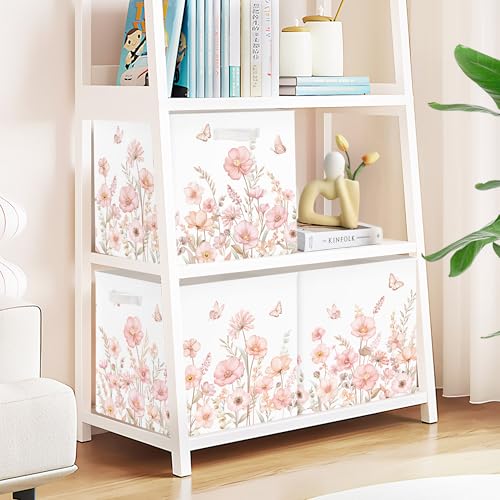 Clastyle 3 pcs 11.8'' Spring Summer Flower Storage Basket for Shelves with Metal Frame Large Butterfly Girl Clothes Toy Book Cube Bin for Bedroom Playroom,Pink - color: Watercolour