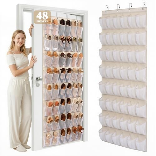 48 Pockets Over The Door Shoe Organizer, Large Mesh Hanging Shoe Rack, 6-Column Heavy Duty Shoe Storage for Sneakers and Heels, Behind Door Holder for Entryway Bedroom Dorm College, Beige - color: Beige