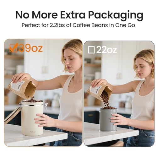 Veken Coffee Canister, 39OZ Large, Mothers Day Gifts For Women, Airtight Stainless Steel Food Storage Container for 2.2lbs Coffee Beans, Ground, Sugar, Tea, Flour, Cereal,Kitchen Bar Accessories,Cream - color: Cream, size: 39 oz