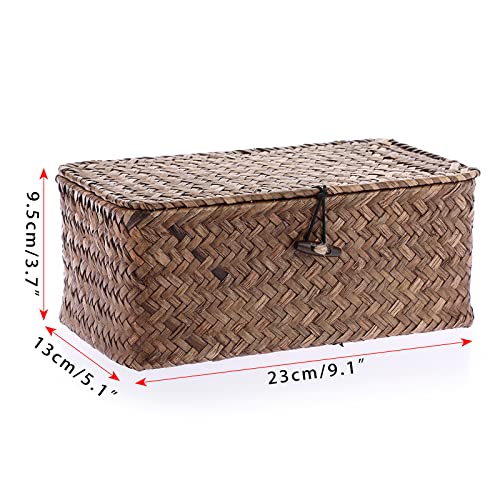 Hipiwe Wicker Shelf Baskets Bin with Lid, Handwoven Seagrass Basket Storage Bins Rectangular Household Basket Boxes for Shelf Wardrobe Home Organizer, Coffee X-Small - color: Coffee, size: X-Small