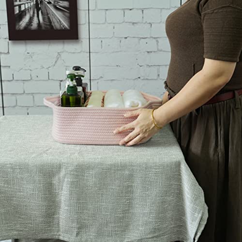 Woven Cotton Rope Storage Basket with Handles for Organizing Shelves Closet Small Cat Dog Pet Toy Baskets Box Bin Decorative Rectangle Baby Nursery basket Gift Basket Empty Light pink - color: Light pink