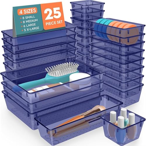 SpaceHacks 25 PCS Plastic Drawer Organizer Set, 4-Size Versatile Organizer Trays & Storage Bins for Makeup, Jewelry, and Gadgets in Bathroom, Bedroom and Office,Dark Blue - color: Dark Blue