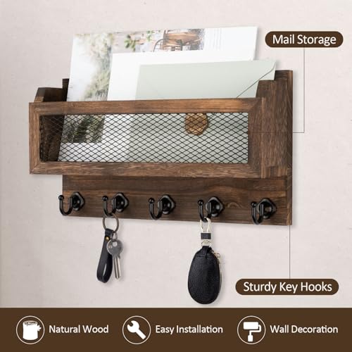 Nekon Mail and Key Holder for Wall Decorative, 11 Inch Wooden Wall Key Organizer with 5 Key Hooks, Wall Mount Storage Shelf for Entryway Hallway (Brown) - color: Brown