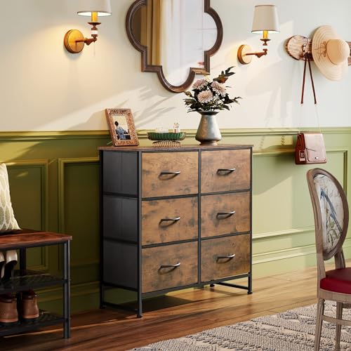 WLIVE Dresser for Bedroom with 6 Drawers, Closet Dresser with Metal Frame, Wooden Top, Fabric Dresser for Closet, Living Room, Hallway, Rustic Brown Wood Grain Print - color: Rustic Brown Wood Grain Print