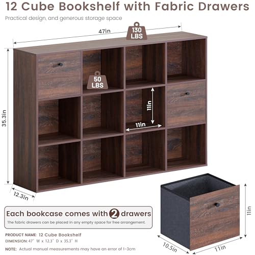 2 Pack 12 Cube Storage Organizer, Walnut Bookcase, Wooden Bookshelf with 2 Fabric Drawers, Freestanding Home Organizer Shelf Set, 3 Tier Book Shelf for Bedroom Living Room Office Library - color: Walnut, size: 12 Cube (2PC)