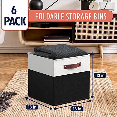 Ornavo Home 13 x 13 Storage Cube Bins, Foldable Collapsible Fabric Storage Bins Box Linen Shelf Basket Cube Organizer for Closet with Leather Handles, 6 Pack, White/Black - color: White/Black, size: Cube - 13 x 13 x 13