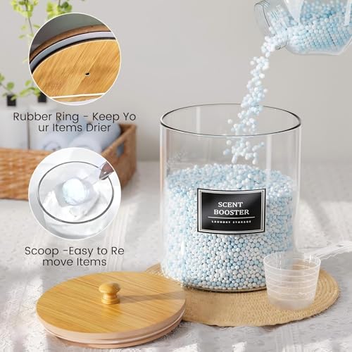 2+1 Pack Glass Laundry Pods Container & Acrylic Dryer Sheet Holder, Clear Laundry Room Organization Containers with Bamboo Lids & Labels, Powder Laundry Detergent Container for Scent Booster, Powder - size: 2+1 Pack