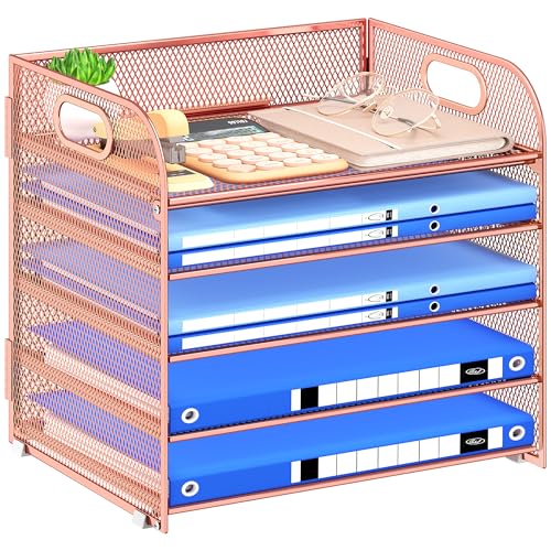 Paper Organizer Letter Tray with Handle Mesh 5 Trays Desk File Organizer Paper Sorter Desk Organizer for Office, Home or School-Rose Gold - color: Rose Gold, size: 12.6" x 9.1" x 13.4"