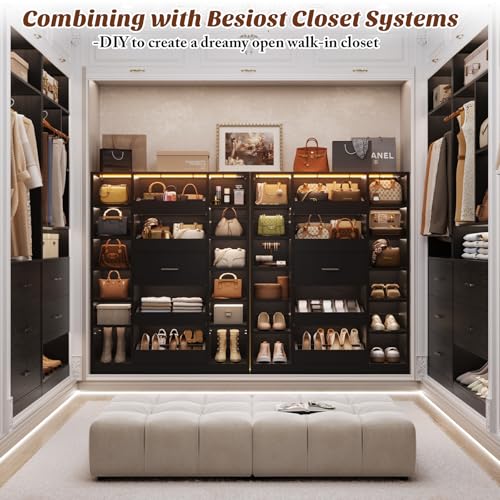 Besiost 40" Closet System with LED Lights, Wooden Closet Organizer with Drawers & Shelves, Versatile Closet Storage Tower for Walk-in Closets, Shoe Rack and Handbag Storage Cabinet, Black - color: Black