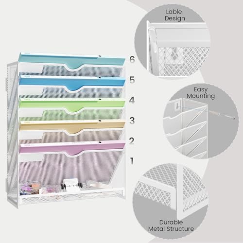 Hanging Wall File Organizer 6-Tier Wall Mount Mail Organizer & Desk Paper Organizer, Sleek White Metal File Folder Holder for Office, Cubicle, Bedroom | All-in-One Document Storage Shelf - color: White-1pack