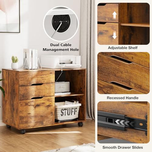 DUMOS Lateral File Cabinet with 3 Drawers Rolling Filing Cabinets Under Desk Storage Printer Stand Wood Organizer with Wheels Adjustable Shelf for Office Home Small Space, Brown - color: Vintage Brown