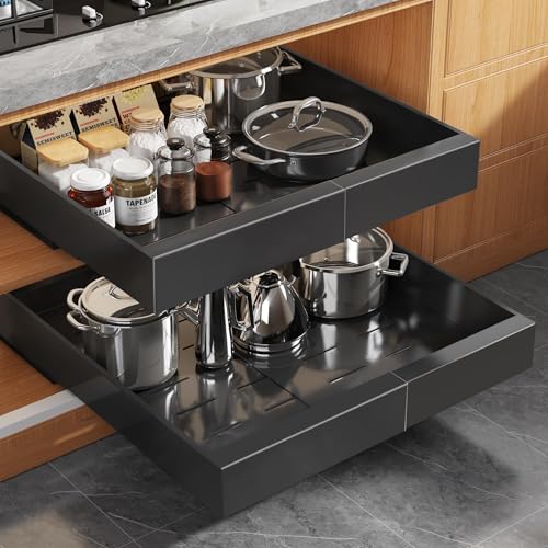 Seinloes 2Pack Expandable Pull Out Cabinet Organizer 21"Deep with Raising Pad for Framed Cabinets, Upgrade 3 Slide Rails Slide Out Drawers, Roll Out Shelves Adhesive,Adjustable Width 12.05"-20.4"Black - color: Black, size: 21"D x 12.05"-20.4"W(2Pack)