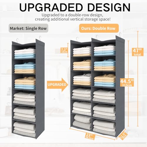 ALLTIDYUP Space-Saving Hanging Closet Storage Organizer – Dual-Row Foldable Shelves with 3 Hooks, 6-Tier Wardrobe Organizer for Dorm, Bedroom, Closet (Grey) - color: Grey, size: 6 Tier