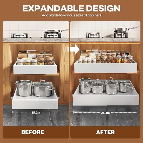 Seinloes 4 Pack Expandable Width (15.15"-26.3") Pull Out Cabinet Organizer 21" Deep with Raising Pad for Framed Cabinets, Upgrade 3 Slide Rails Slide Out Drawers, Roll Out Shelves Adhesive, White - color: White, size: 21"D x 15.15"-26.3"W(4Pack)