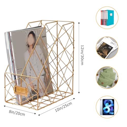 Modern Geometric Metal File Organizer for Desk, 8"×10"×12" Iron Mesh Magazine Holder, Desktop Document Rack Storage for Office Supplies, Vertical Book Stand File Folder Rack (Golden) - color: Golden