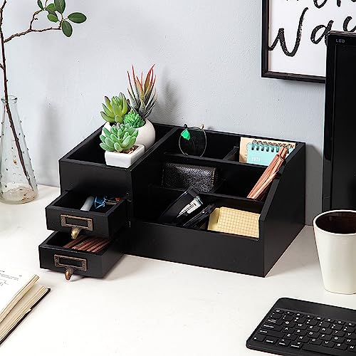 Distressed Rustic Wooden Office Desktop Organizer Wood Shelf Tabletop Home Organizer Storage with Multiple Compartments 2 Tier Drawers,perfect Jewelry storage Display Box for Desk, Vanity (Black) - color: Black
