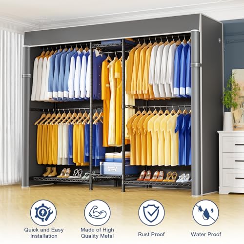 Ulif E12C Pro Heavy Duty Closet Organizer System，Freestanding Clothing Racks for Hanging Clothes，Adjustable Garment Rack 71"W x 16"D x 76.5"H Hold 960lbs，Black Clothing Rack with Grey Dustproof Cover - color: Black Rack With Grey Cover, size: E12C Pro