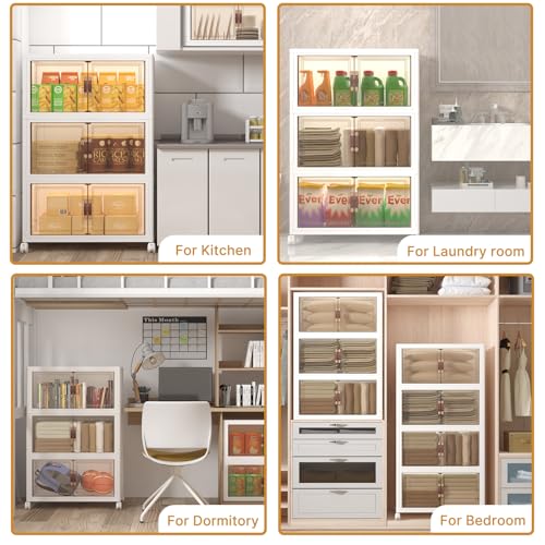 UAMFURI Extra Large Stackable Storage Bins with Lids & Wheels, 504QT-168QT/42GAL*3Pack Foldable Collapsible Closet Organizers Storage Cabinet with Doors for Bedroom Dorm - color: white, size: 3PACK-30"W20"D50"H