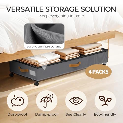 Under Bed Storage with Wheels 4-Pack, 75L XXL Under the Bed Storage Containers Large, 12" Tall Adjustable Storage for Underbed with Lids, Rolling for Shoes, Clothes, Blankets (4PCS-Grey) - color: 4PCS-Grey