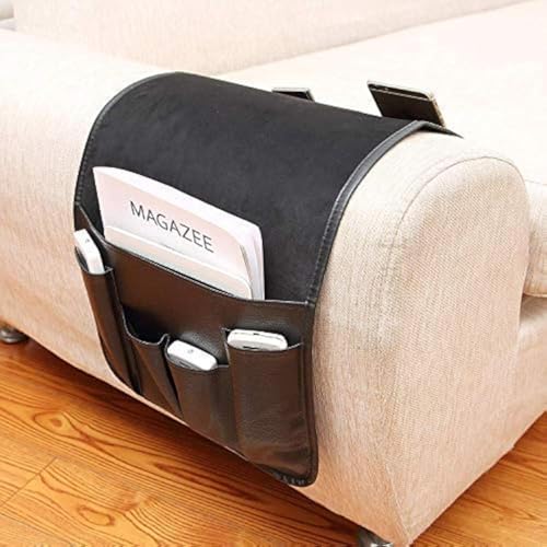 IPENNY No-slip Leather Sofa Couch Remote Control Holder Chair Armrest Caddy Pocket Organizer Storage Bag for Cellphone Tablet Notepad Book Magazines DVD Eyewears Drinker Snacks Holder Pouch - color: Black (Leather + Suede fabric)
