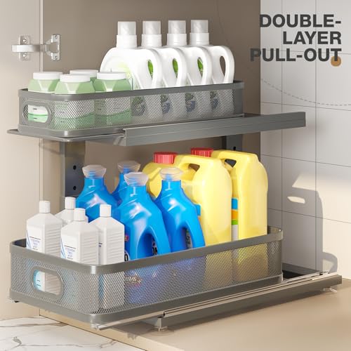 2 Pack 18.5IN-Depth Under Sink Organizer With Next-Gen Ball-Bearing Slides,2-Tier Precision Mesh Pull Out Cabinet Storage for Bathroom&Kitchen,Height Adjustable Drawers Shelf,Anti-rust-Grey - color: Gun Gray, size: 2 Pack-18.5"Dx12.4"-16.5"H