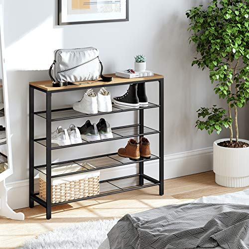 VASAGLE INDESTIC Shoe Rack, Shoe Organizer for Closet with 4 Mesh Shelves and Large Top for Bags, Entryway Hallway Shoe Shelf, Steel Frame, Industrial, Honey Brown and Black ULBS015B05 - color: Honey Brown, size: 5 Tiers (39.4"W)