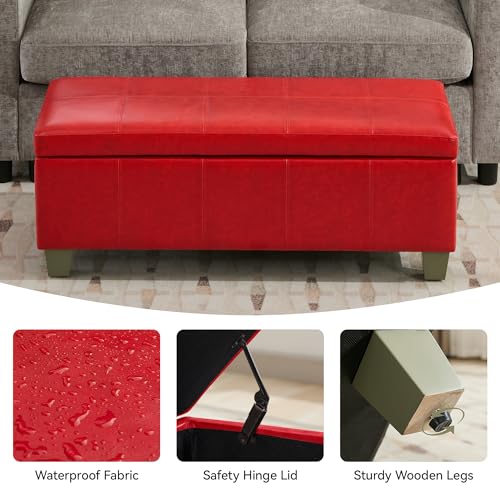 WUTUTUEE 41" Faux Leather Storage Ottoman, Stitch Tufted Rectangle Upholstered End of Bed Storage Bench, Entryway Large Couch Ottoman with Wooden Legs,Red - color: Red, size: 41 Inch