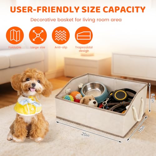 Dog Toy Basket With Handle, Foldable Dog Toy Box for Living Room Area, 20" Basket for Dog‘s Toys, Clothes, Organizers and Storage with Hard Board, Anti-slip for Pet Toys