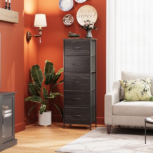 WLIVE Fabric Dresser, 5-Drawer Tall Dressers for Bedroom, Storage Dresser Organizer with Wood Top, Sturdy Steel Frame, Chest of Drawers for Closet, Hallway, Charcoal Black Wood Grain Print - color: Charcoal Black Wood Grain Print
