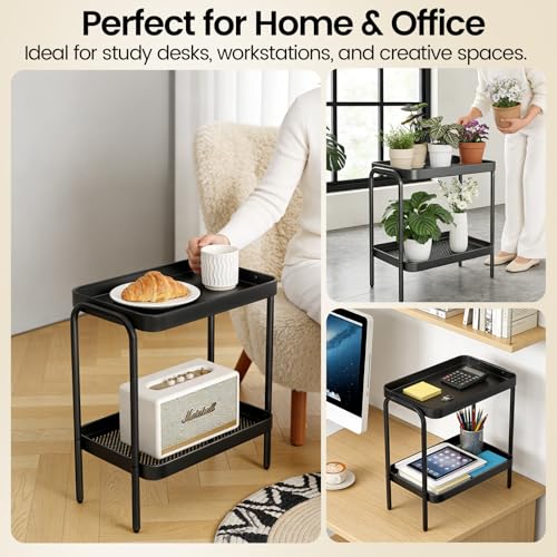 2 in 1 Desktop & Floor End Table with Storage Shelves, Compact 2-Tier Side Table for Office Desk Organization, Bedside Nightstand, Small Space Nightstand for Living Room, Bedroom, Office