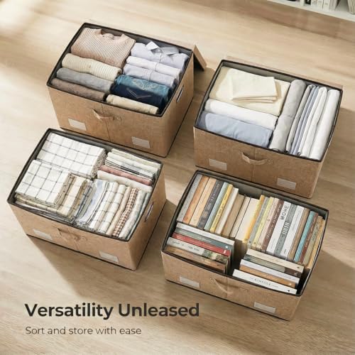PRANDOM Storage Bins with Lids [3-Pack] Jute Fabric Foldable Storage Boxes Organizer Containers Baskets Cube with Cover for Home Bedroom Closet Office Nursery khaki（23.4X15.9X11.5 - color: Khaki, size: XL(3-Pack)
