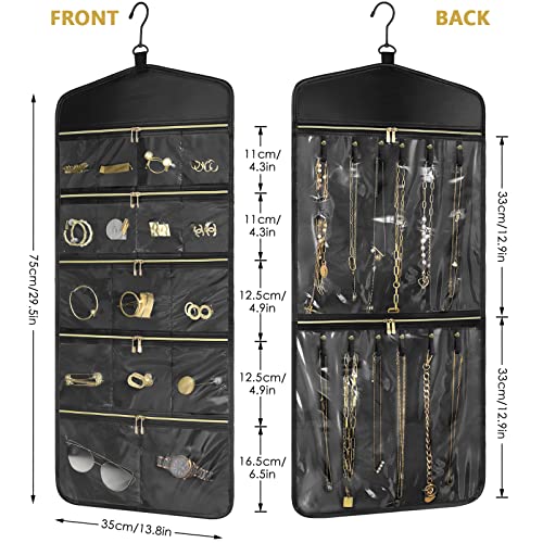 CHICECO Travel Jewelry Holder Organizer,Hanging Jewelry Organizer Storage With Zippered Pockets for Cloest,Wall,Door,Jewelry Holder for Earrings, Necklaces（Upgrade Black） - color: Upgrade Black